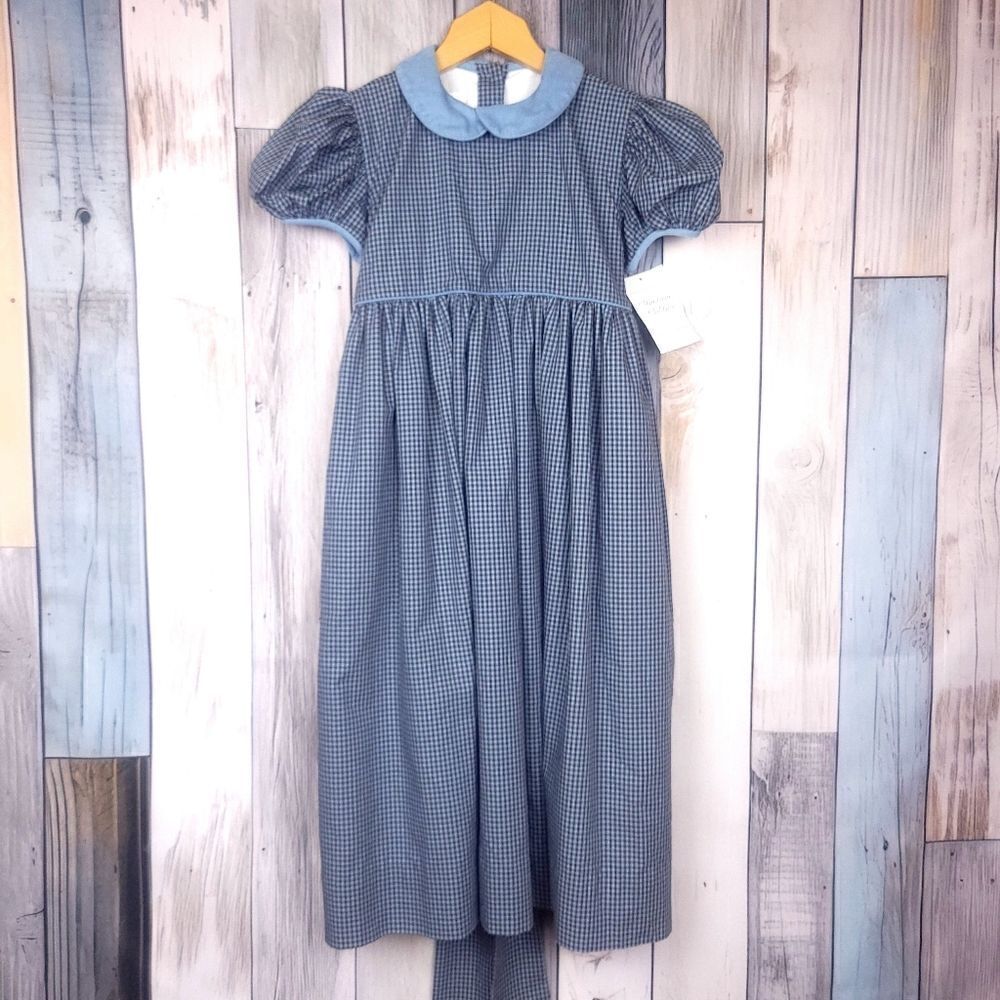 Strasburg Children Blue Black Gingham Short Balloon Sleeve Dress w/ Ties size 6